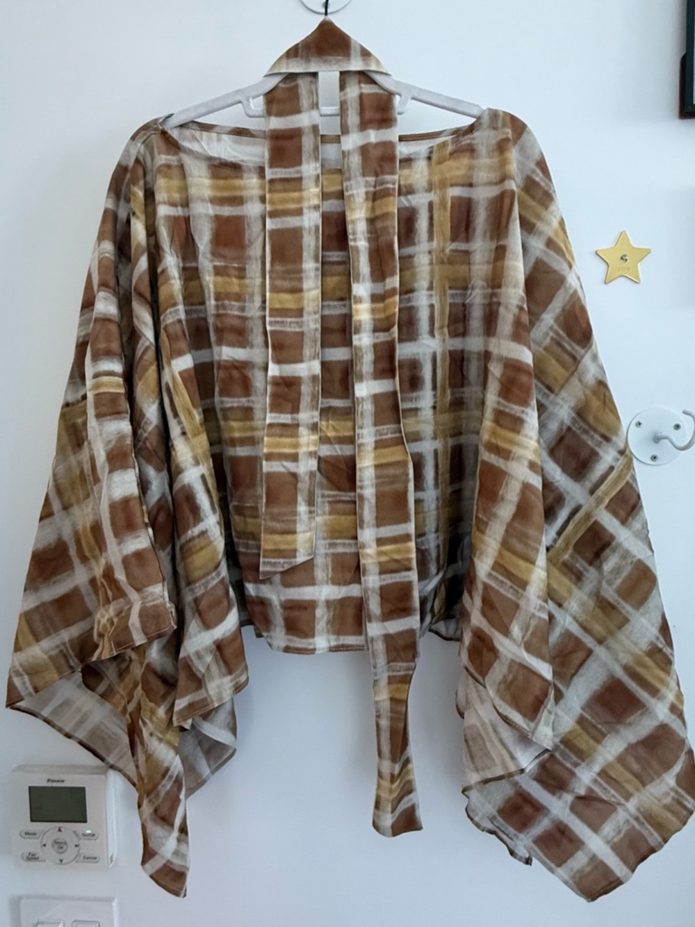 Women’s Brown Plaid Flowy Off-Shoulder Top with Matching Scarf